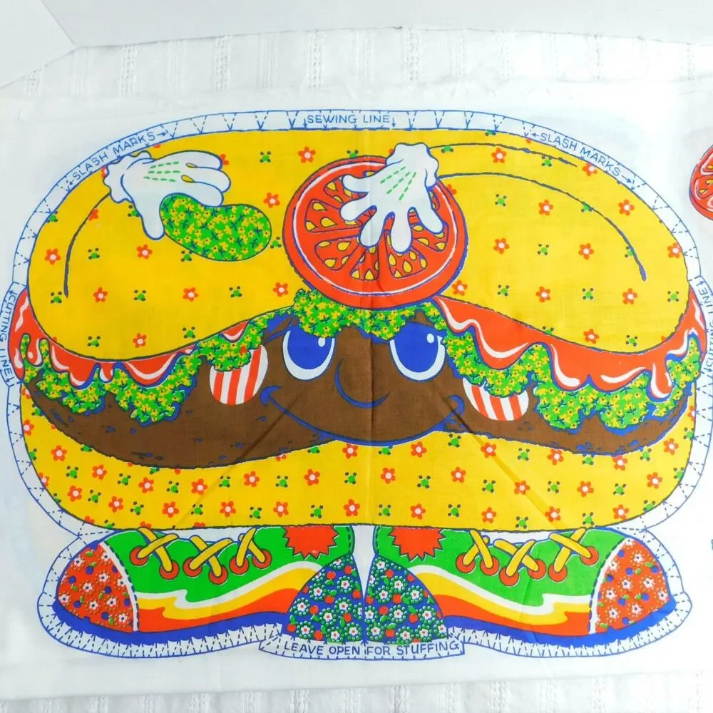 Calico Burger Pillow Panel Fabric Sewing Cushion Vintage Craft Cute Novelty NEW